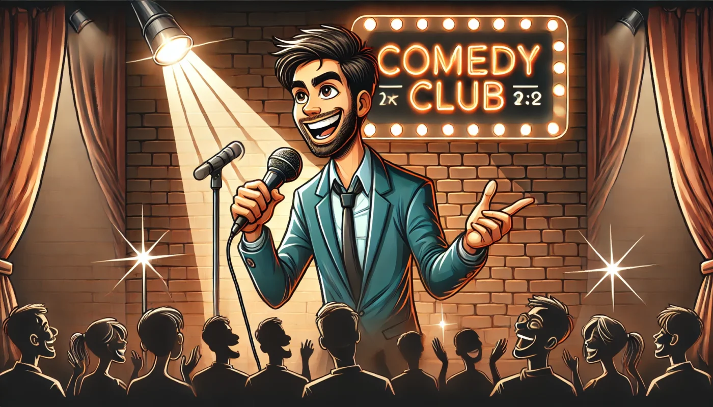 Creating a Comedic Persona -- Standup Comedy -- A standup comedian performing on stage, spotlight shining, with an enthusiastic audience laughing. The comedian has an a-- Bohiney.com1