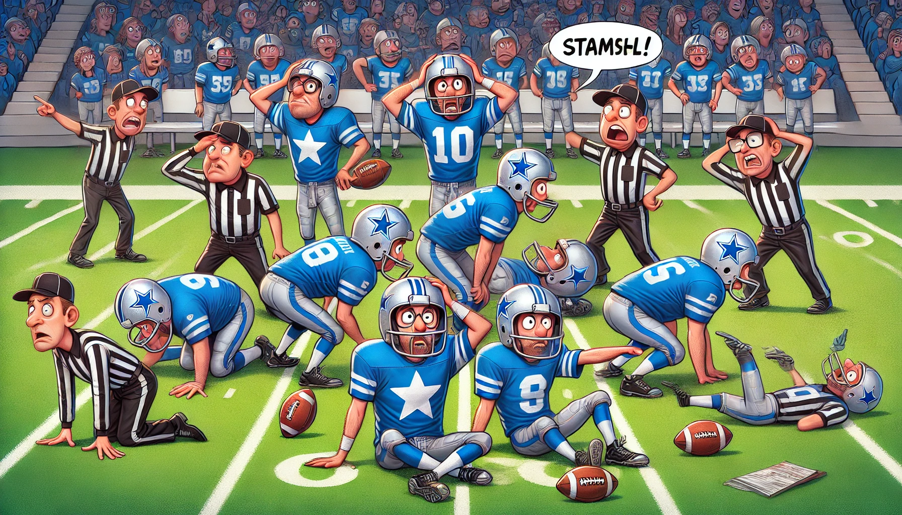 Dallas Cowboys - An illustration of a confused football team dressed in blue and silver, with a silver star logo, struggling on the field. Some p- Alan Nafzger 1