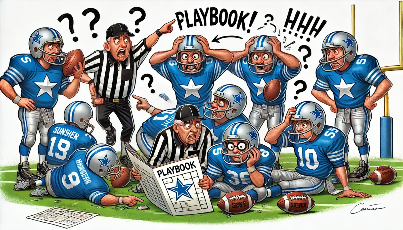 Dallas Cowboys - An illustration of a confused football team in blue and silver with a silver star logo, struggling on the field. Players are fu- Alan Nafzger 2