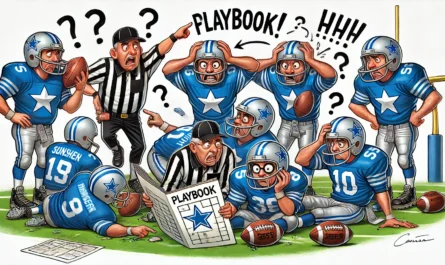 Dallas Cowboys - An illustration of a confused football team in blue and silver with a silver star logo, struggling on the field. Players are fu- Alan Nafzger 2