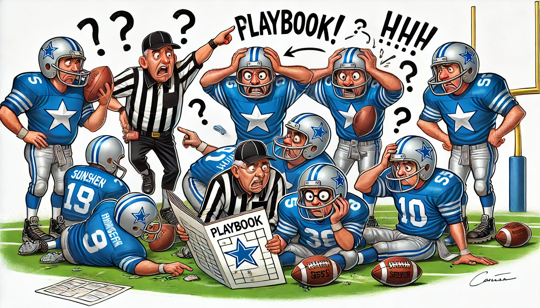 Dallas Cowboys - An illustration of a confused football team in blue and silver with a silver star logo, struggling on the field. Players are fu- Alan Nafzger 2