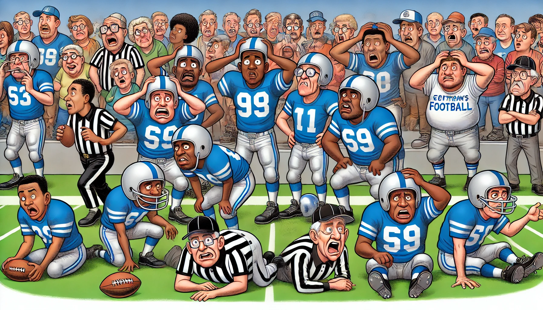 Dallas Cowboys - An illustration of a diverse football team in blue and silver, featuring African American players along with others, all lookin- Alan Nafzger 5