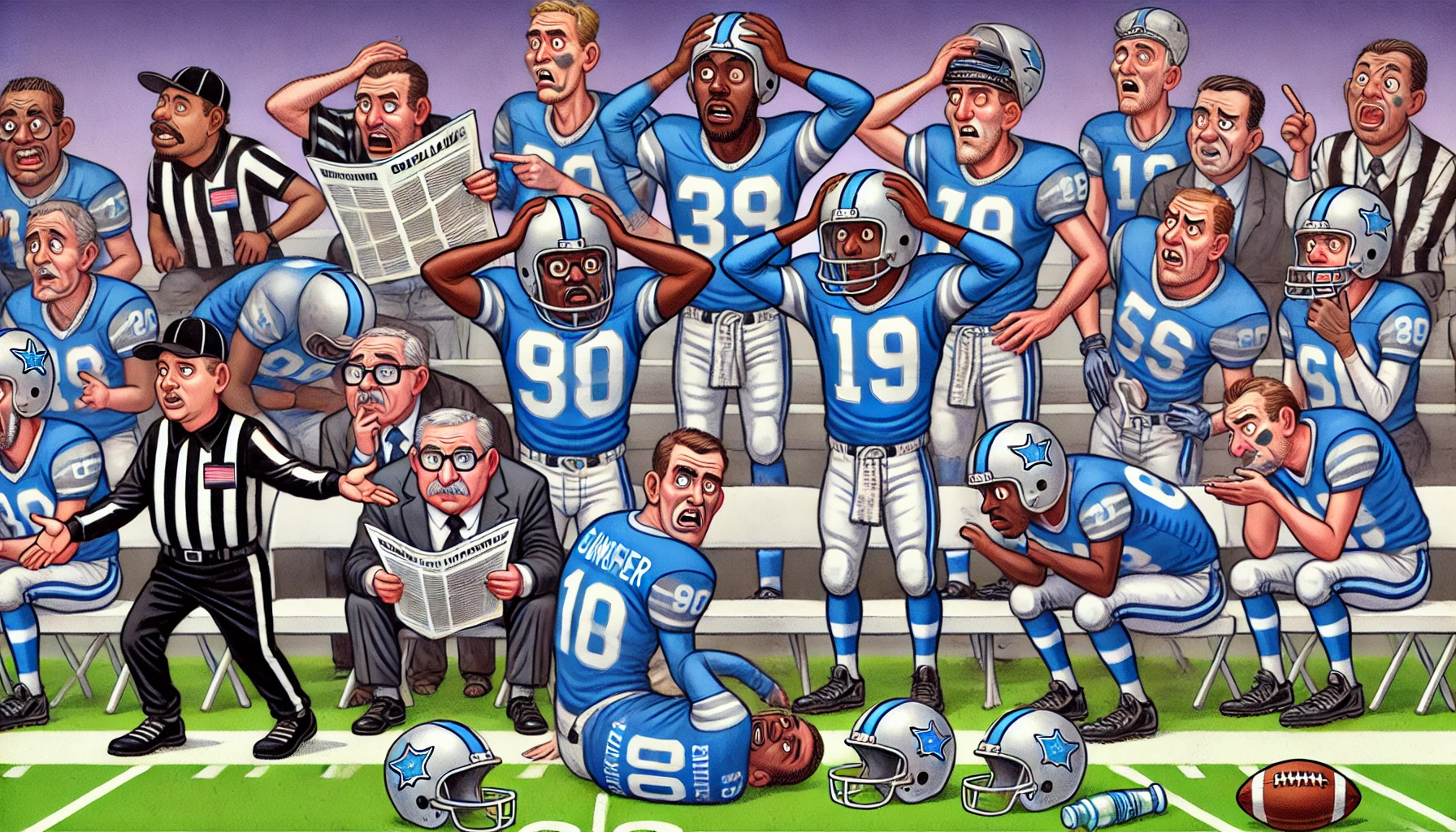 Dallas Cowboys - An illustration of a diverse football team in blue and silver, featuring players looking confused and struggling on the field w- Alan Nafzger 6