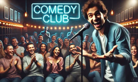 Drawing from Everyday Life -- Standup Comedy -- A lively stand-up comedian performing on stage in a packed comedy club, with the audience laughing and clapping. The com-- Bohiney.com2