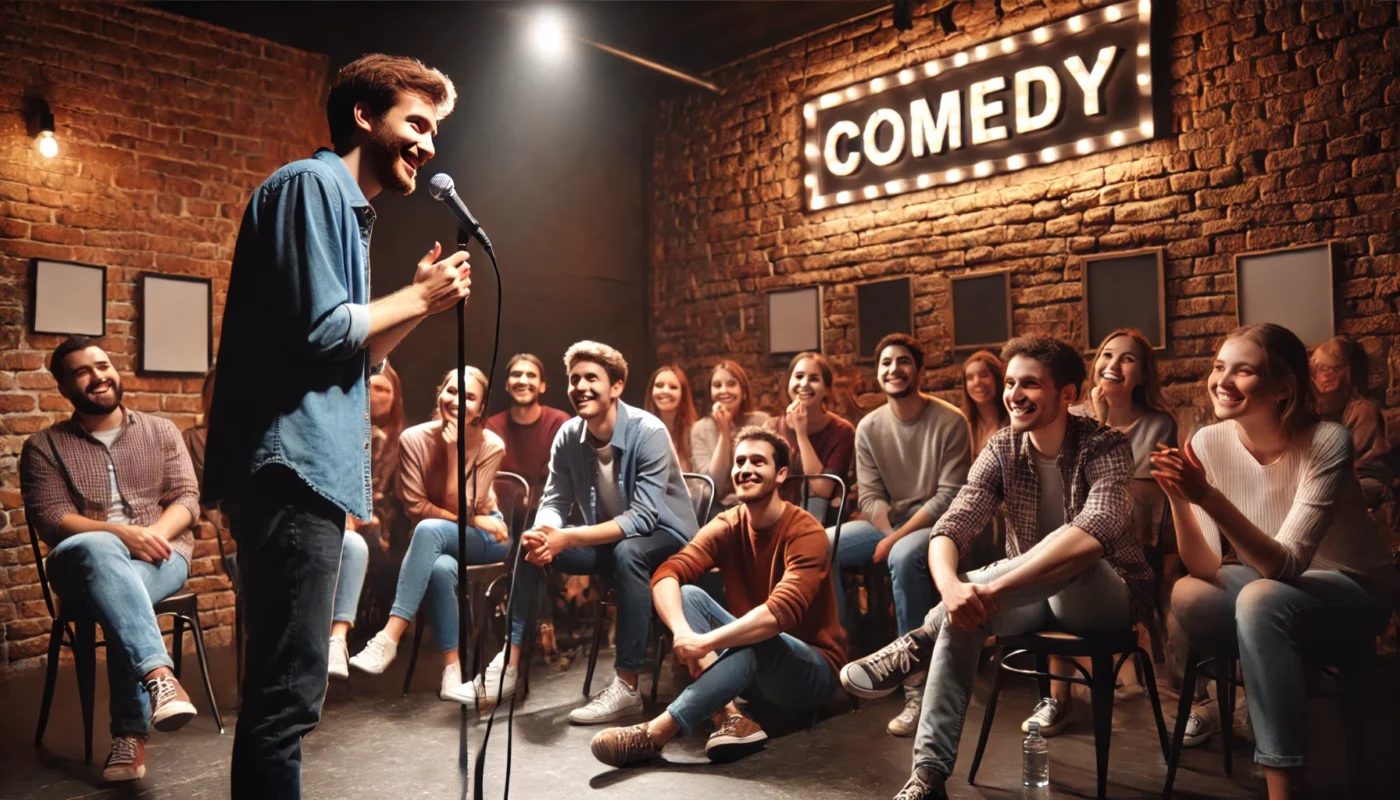 Evolving Your Voice Over Time -- Standup Comedy -- A stand-up comedian on stage in a small comedy club, testing new material. The audience is engaged, some laughing, other-- Bohiney.com1