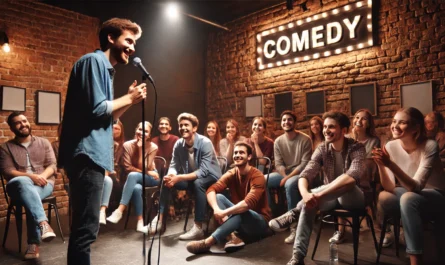 Evolving Your Voice Over Time -- Standup Comedy -- A stand-up comedian on stage in a small comedy club, testing new material. The audience is engaged, some laughing, other-- Bohiney.com1