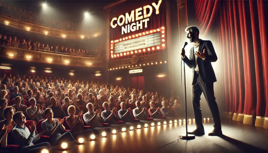 Evolving Your Voice Over Time -- Standup Comedy -- A veteran stand-up comedian performing in a large theater, delivering a polished set to a roaring audience. The comedian-- Bohiney.com2