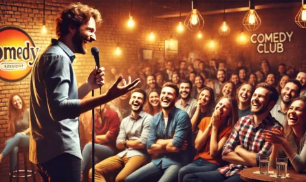 Exploring Personal Experiences for Material -- A stand-up comedian on stage, holding a microphone, delivering a hilarious personal story to a laughing audience. The sc-- Bohiney.com1