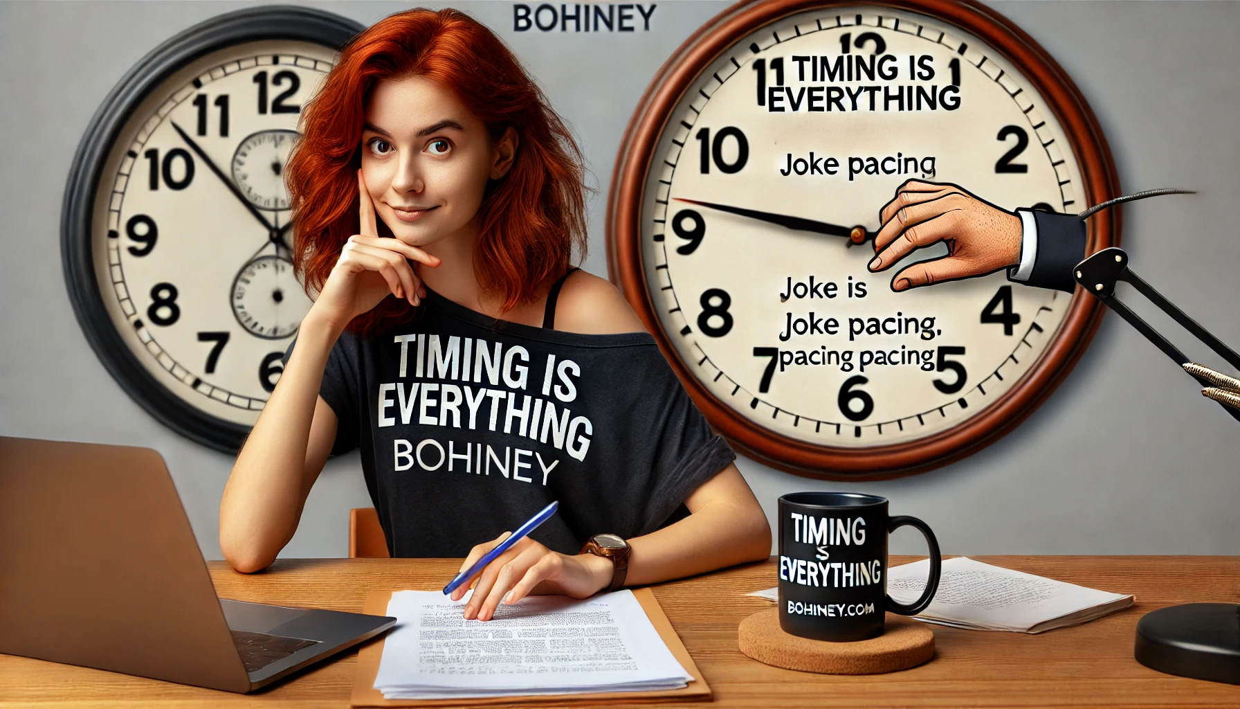 How to Build Tension Before the Punchline for Maximum Impact - A 20-something female comedy writer with red hair sitting at a desk, reviewing a comedy script with a focused expression.