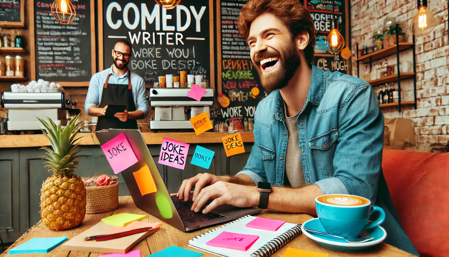 How to Develop Your Comedy Writing Process - A comedy writer sitting in a vibrant coffee shop, surrounded by a laptop, notepad, and colorful sticky notes filled with joke ideas.