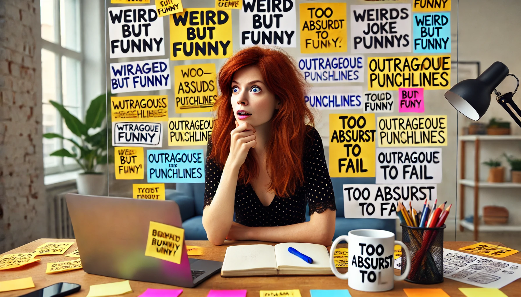 How to Use Absurdity - A 20-something female comedy writer with red hair sitting in a creative studio, brainstorming absurd joke ideas. Her desk is cluttered with sticky not