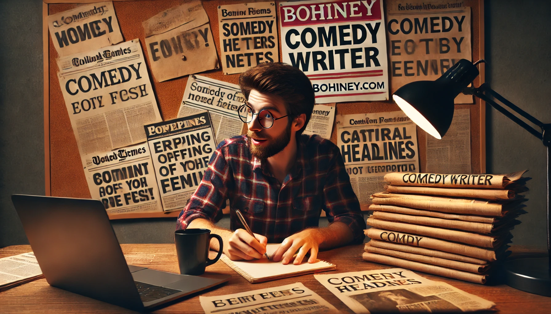 How to Write Comedy That Resonates - A comedy writer sitting at a desk in a dimly lit room, surrounded by stacks of newspapers, a coffee mug, and a laptop.