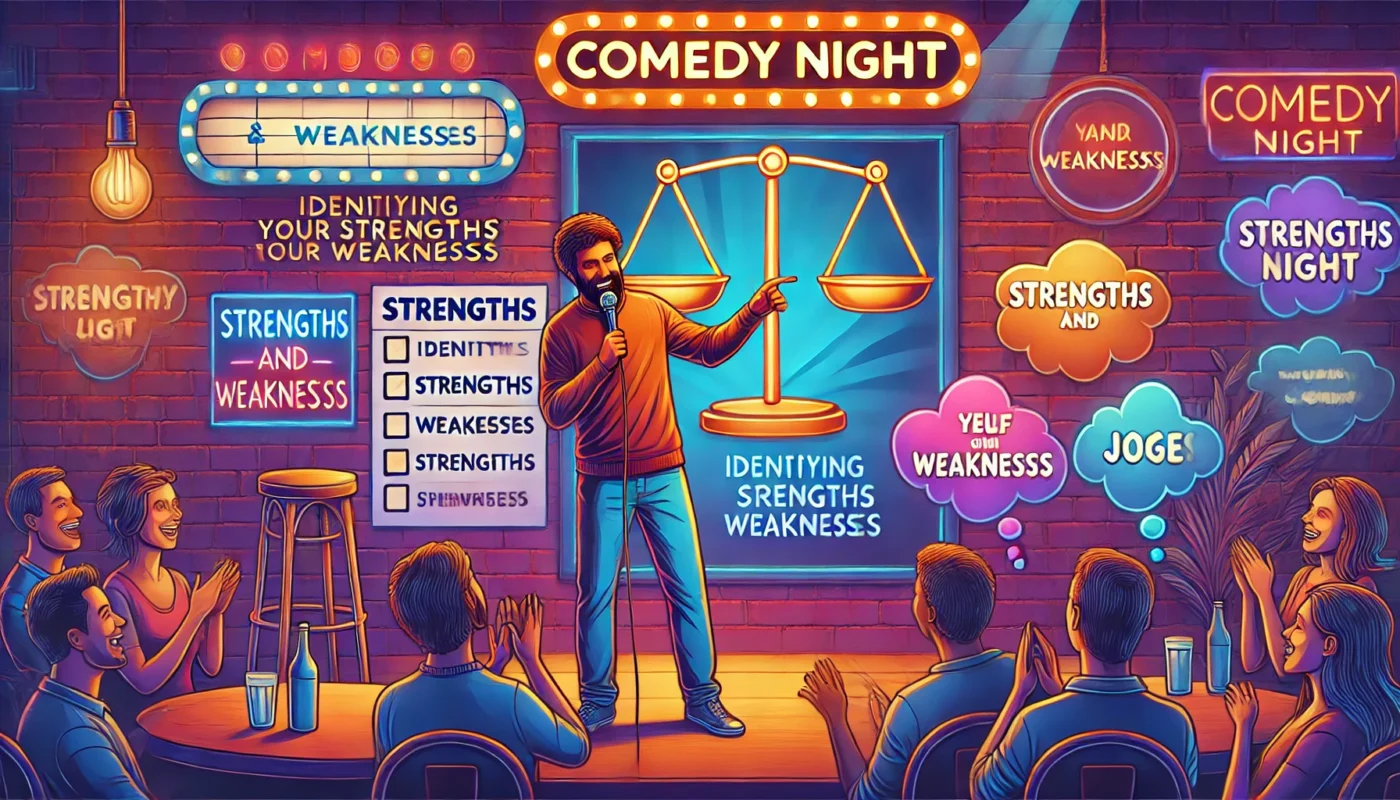 Identifying Your Strengths and Weaknesses -- A vibrant and energetic scene of a stand-up comedian performing on stage in a comedy club. The comedian, holding a microphone, ges-- Bohiney.com1