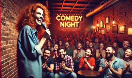 Maintaining Consistency in Your Act -- Standup Comedy -- A stand-up comedian performing on stage in a packed comedy club. The comedian, a charismatic young woman with curly red -- Bohiney.com1