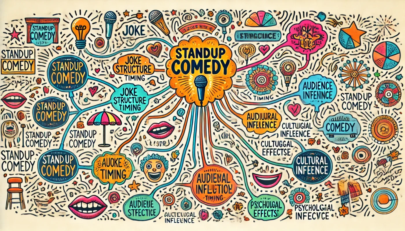 Mind Mapping for Comedy -- Standup Comedy -- A mind map about standup comedy, with branches exploring different aspects like joke structure, timing, audience interac-- Bohiney.com2