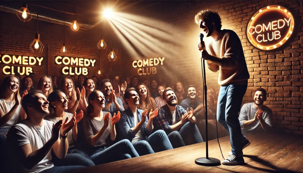 Mind Mapping for Comedy -- Standup Comedy -- A standup comedian performing on stage in a packed comedy club, spotlight shining on them, audience laughing and clappin-- Bohiney.com1