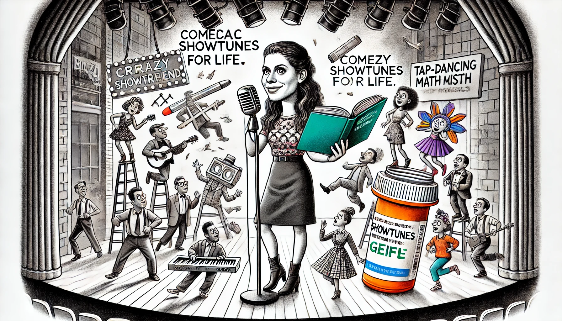 Rachel Bloom - A satirical Mad Magazine-style illustration of Rachel Bloom as a musical comedy genius. She stands on a Broadway stage holding a microphone and a book