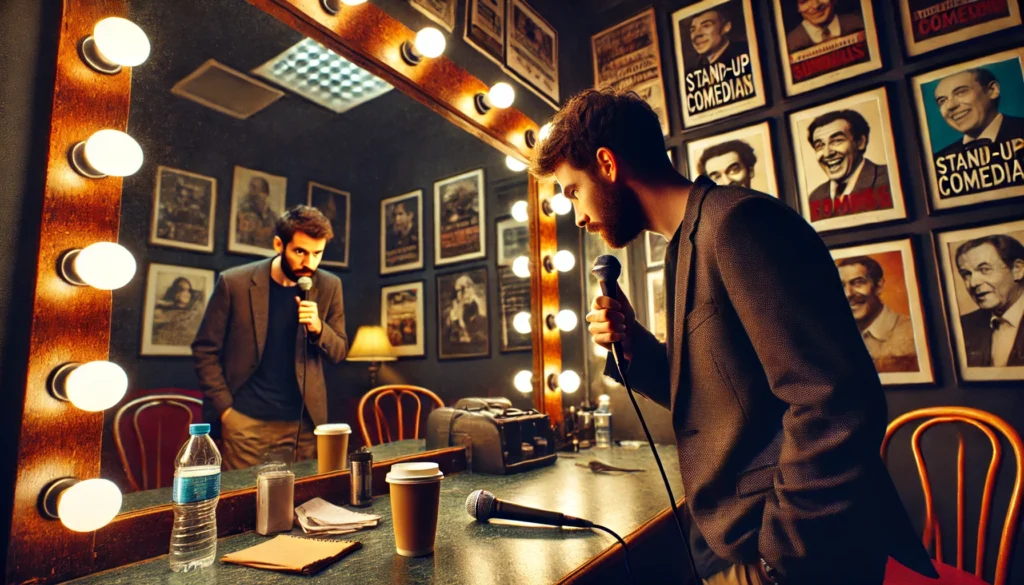 Stand-up Comedy -- A behind-the-scenes view of a stand-up comedian preparing for a performance. The comedian is looking at a mirror, rehearsing lines with a ne-- Bohiney.com2 Stand-up Comedy -- A behind-the-scenes view of a stand-up comedian preparing for a performance. The comedian is looking at a mirror, rehearsing lines with a ne-- Bohiney.com2