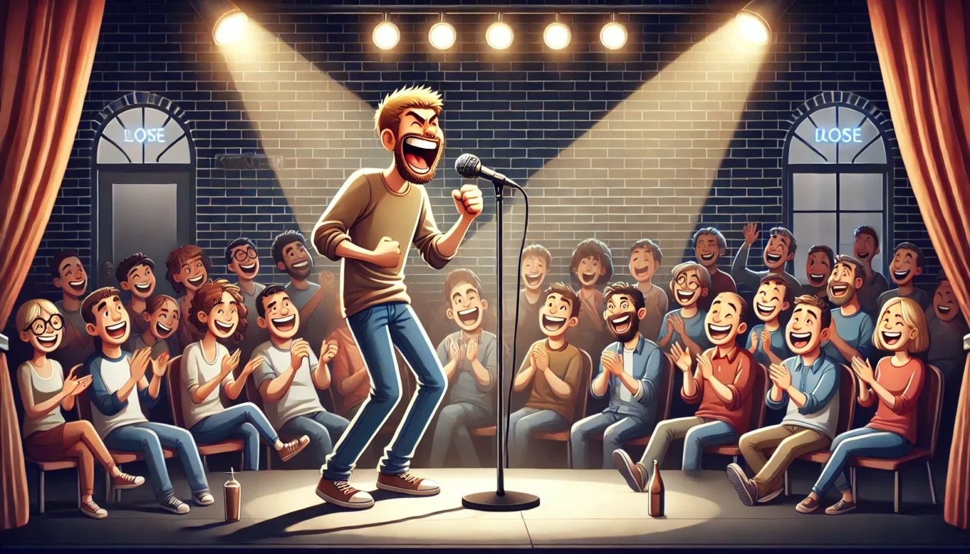 Stand-up Comedy -- A stand-up comedian on stage, mid-performance, delivering a joke to a lively audience. The comedian has exaggerated expressions, wearing a c-- Bohiney.com1