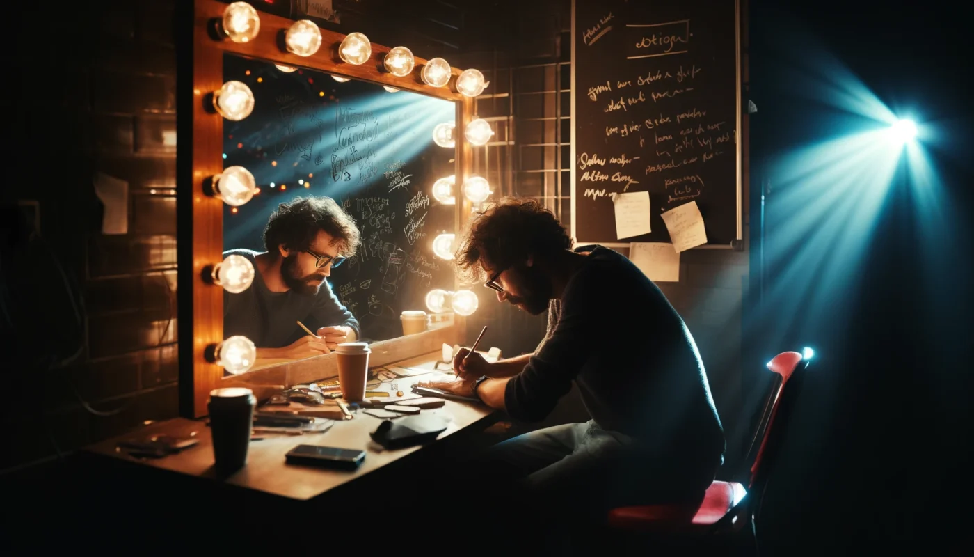 Techniques for Generating Ideas -- Standup Comedy -- A behind-the-scenes look at a comedian brainstorming jokes in a dimly lit dressing room. The comedian is sitting at a cl-- Bohiney.com2