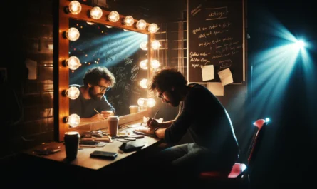 Techniques for Generating Ideas -- Standup Comedy -- A behind-the-scenes look at a comedian brainstorming jokes in a dimly lit dressing room. The comedian is sitting at a cl-- Bohiney.com2