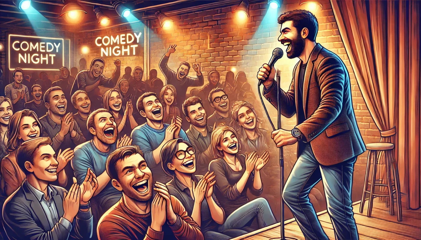 Using Imagination and Creativity -- Standup Comedy -- A lively standup comedy scene in a packed comedy club. A charismatic comedian on stage, holding a microphone, engaging t-- Bohiney.com1