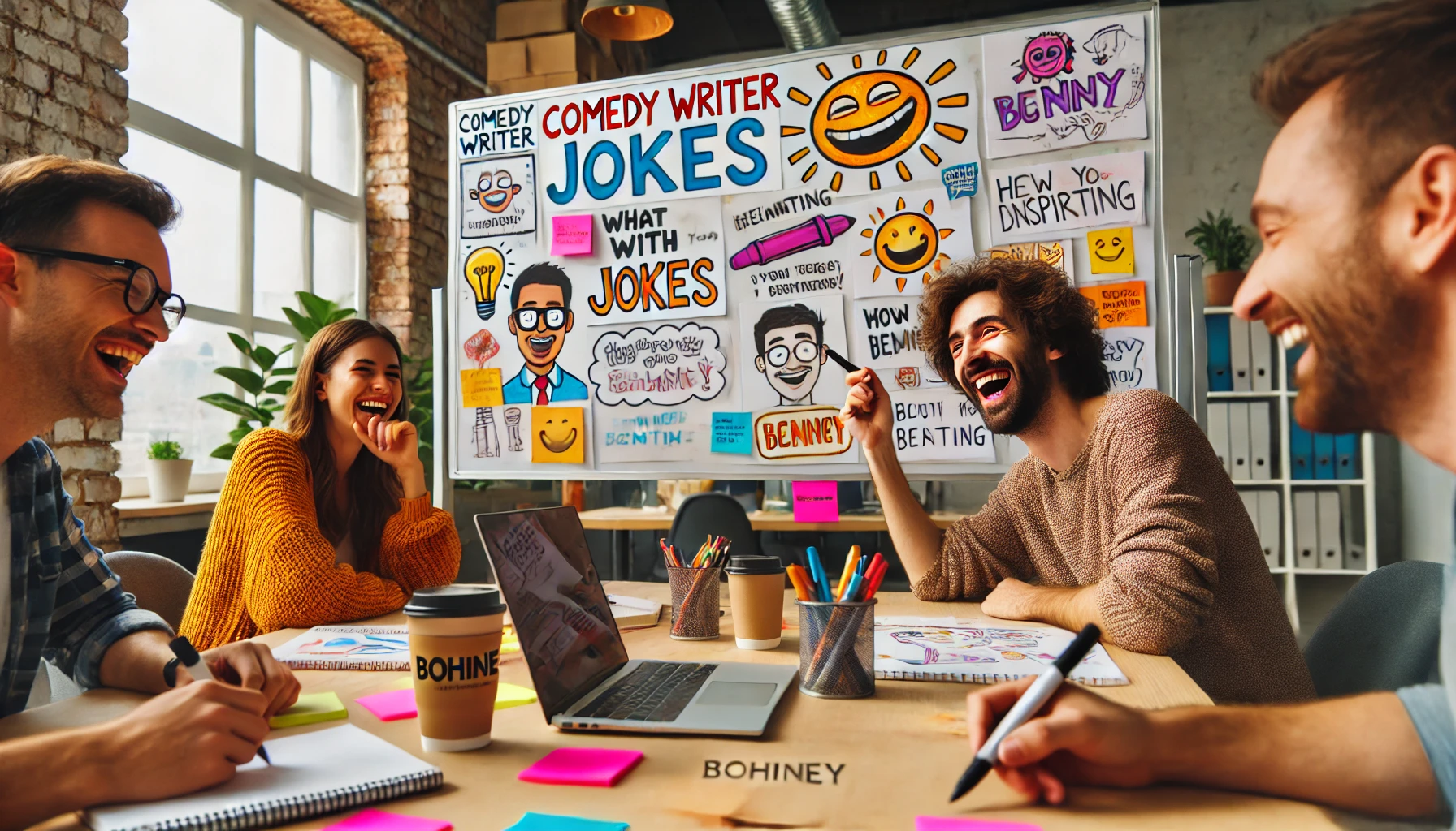 Writing Comedy for Different Audiences - A comedy writer brainstorming in a colorful coworking space, surrounded by whiteboards covered in jokes, a laptop, and sticky notes with humorous sket