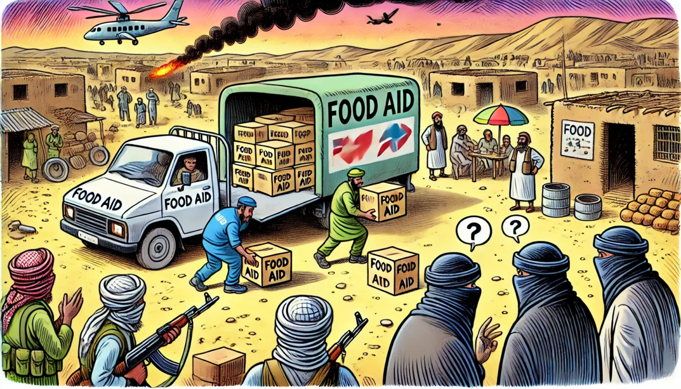 BOHINEY DOGE --11.57.54 - A satirical cartoon-style illustration depicting food aid distribution in a conflict zone. Aid workers unload boxes labeled 'Food Aid' from a truck in -- DOGE & Donald Trump
