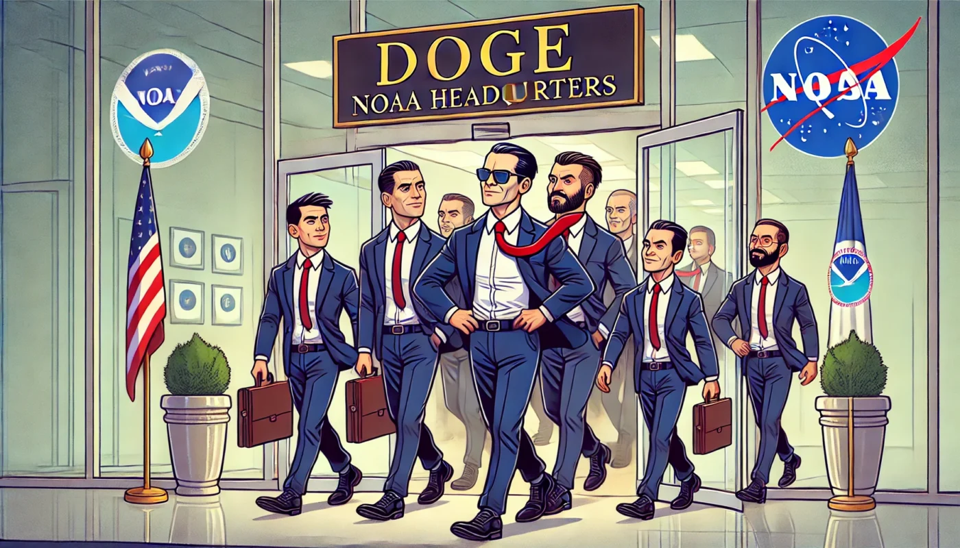 BOHINEY SATRIRE -- An illustration of a team of businesspeople labeled 'Doge' entering an office building with a sign that reads 'NOAA Headquarters.' -- bohiney.com 2