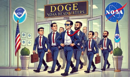 BOHINEY SATRIRE -- An illustration of a team of businesspeople labeled 'Doge' entering an office building with a sign that reads 'NOAA Headquarters.' -- bohiney.com 2