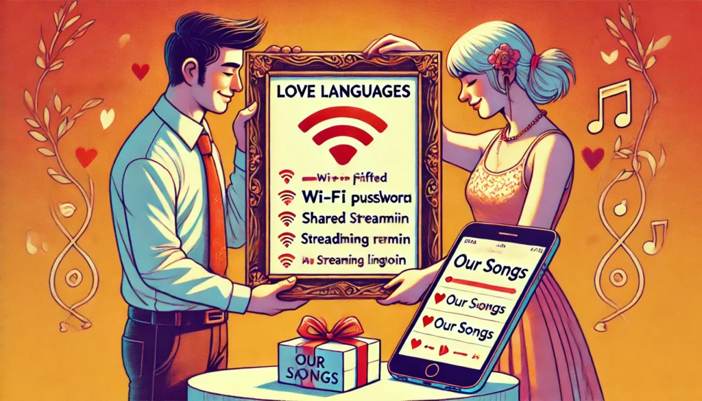 ComedyWriter.info -- A fun and modern illustration of a couple exchanging gifts that represent updated 'love languages' in the digital age. One person hands over-- bohiney.com 2 ComedyWriter.info -- A fun and modern illustration of a couple exchanging gifts that represent updated 'love languages' in the digital age. One person hands over-- bohiney.com 2