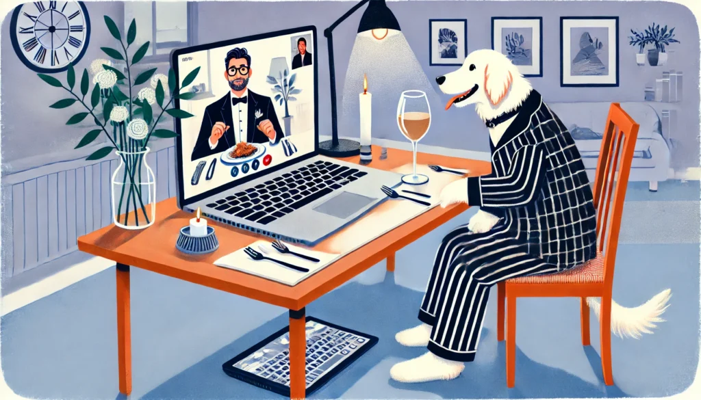 ComedyWriter.info -- A humorous and modern illustration of a couple having a virtual date night over a video call. One person is dressed formally on top but wear-- bohiney.com 1 ComedyWriter.info -- A humorous and modern illustration of a couple having a virtual date night over a video call. One person is dressed formally on top but wear-- bohiney.com 1