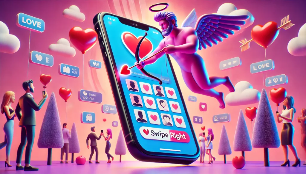 ComedyWriter.info -- A modern and humorous depiction of Cupid using a giant smartphone, swiping right on dating profiles. The background features playful twists -- bohiney.com 0 ComedyWriter.info -- A modern and humorous depiction of Cupid using a giant smartphone, swiping right on dating profiles. The background features playful twists -- bohiney.com 0