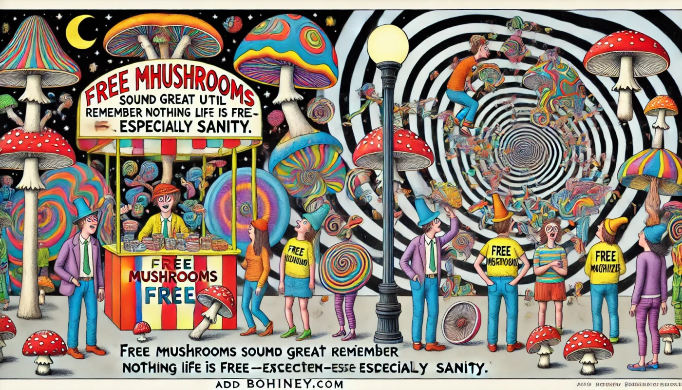 ComedyWriter.info - A satirical, Mad Magazine-style wide-aspect illustration depicting the concept of Free mushrooms sound great until you remember nothing in life is fr
