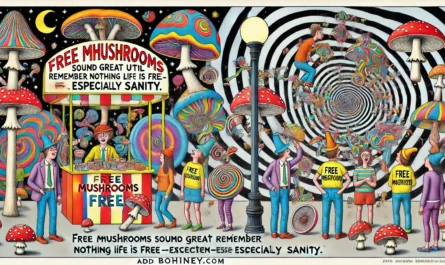 ComedyWriter.info - A satirical, Mad Magazine-style wide-aspect illustration depicting the concept of Free mushrooms sound great until you remember nothing in life is fr