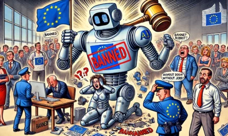 EU vs AI -- An cartoon illustration of the European Union as a giant robot judge, smashing an AI robot with a giant 'BANNED' stamp. The AI robo-- bohiney.com