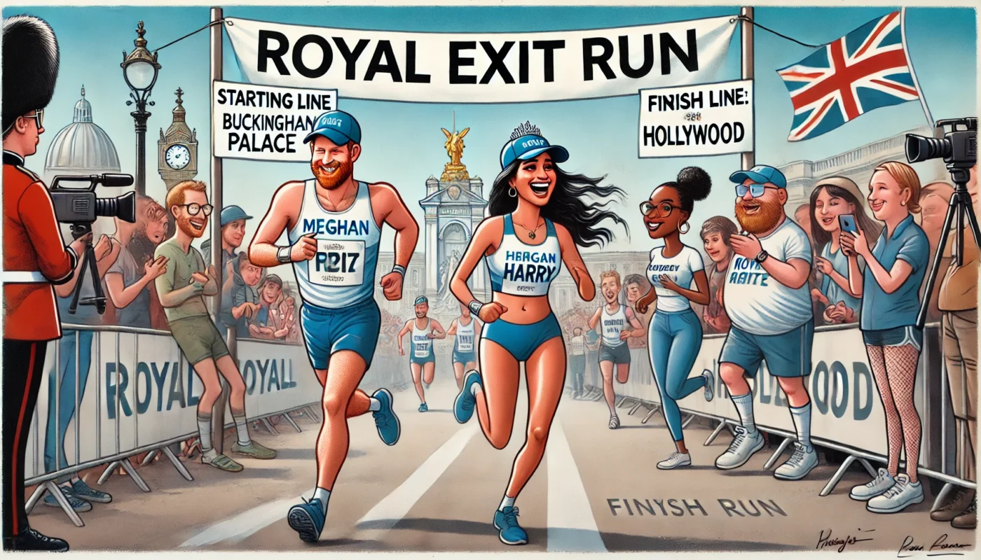 Meghan Markle the Duchess of Difficult -- An illustration of Meghan and Harry dressed in running gear, participating in a marathon titled 'Royal Exit Run.' They are seen run-- bohiney.com 2