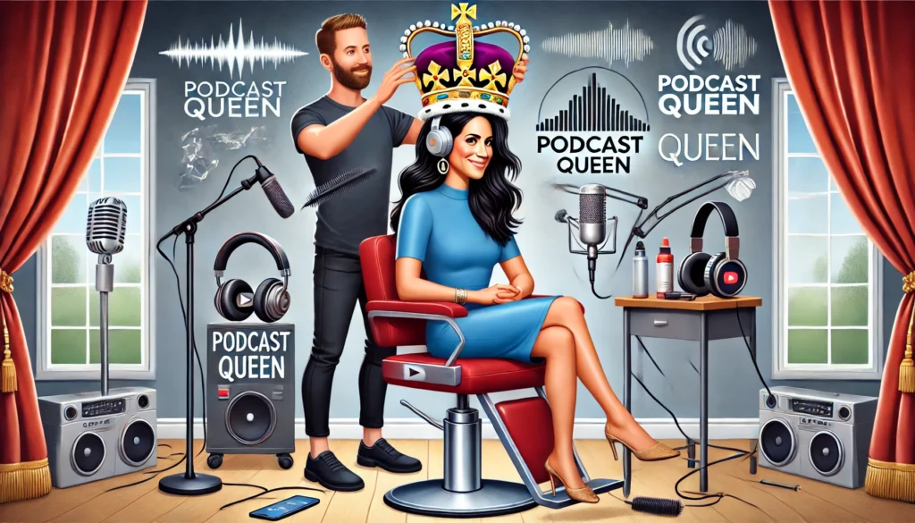 Meghan Markle the Duchess of Difficult -- An illustration of Meghan sitting in a stylist's chair as a hairstylist transforms a royal crown into a pair of headphones labeled -- bohiney.com 4