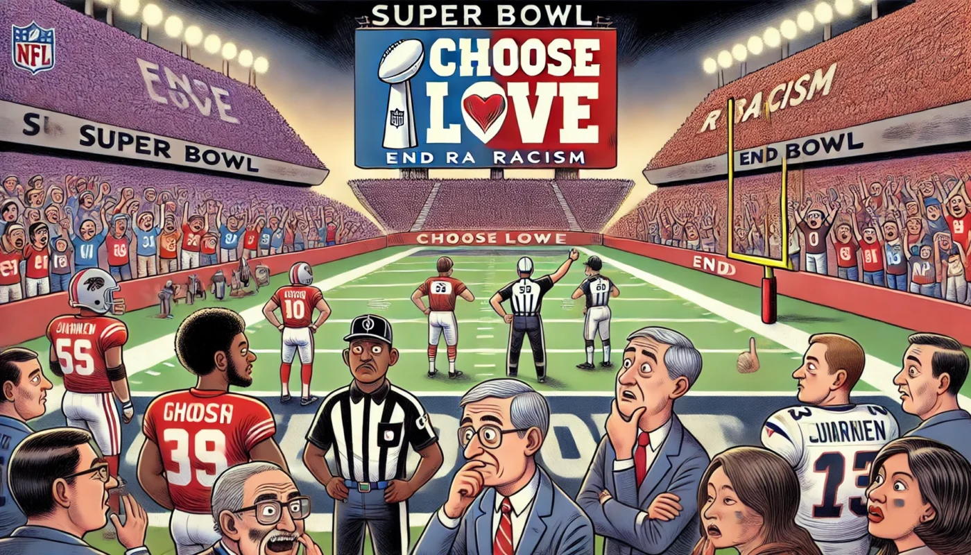 NFL SUPER BOWL -- An illustration of an NFL Super Bowl end zone with the words 'Choose Love' replacing 'End Racism.' The players and referees are loo-- bohiney.com 1