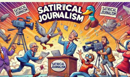 SATIRICAL JOURNALISM - A wide-aspect satirical journalism banner with a fun and exaggerated style. Features chaotic news coverage one reporter chasing a giant duck, another - bohiney.com