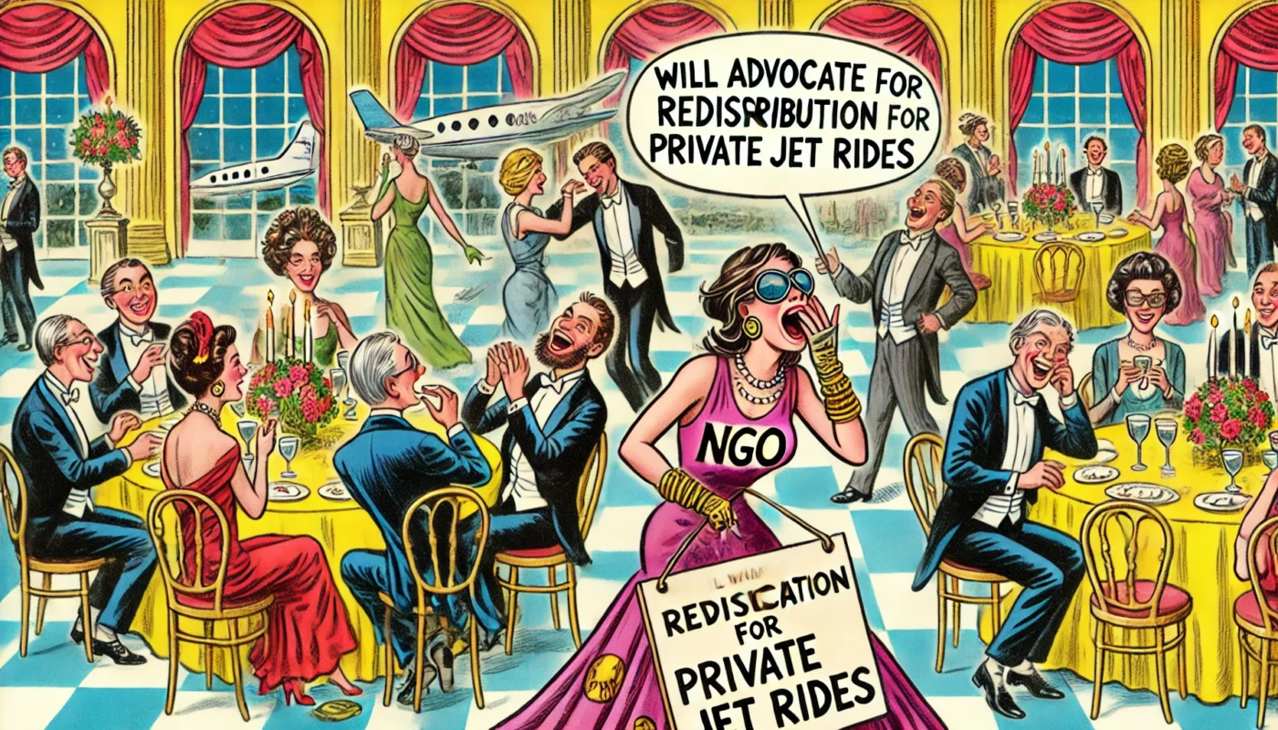USAID DEAD -- An illustration of an NGO executive in a lavish ballroom, desperately trying to flirt with a wealthy billionaire at a gala. She hol-- bohiney.com