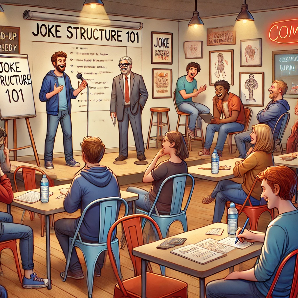 COMEDY WRITER - A lively classroom scene where aspiring stand-up comedians are practicing on a small stage in front of an instructor. The room has a casual feel, with... - spintaxi.com COMEDY WRITER - A lively classroom scene where aspiring stand-up comedians are practicing on a small stage in front of an instructor. The room has a casual feel, with... - spintaxi.com