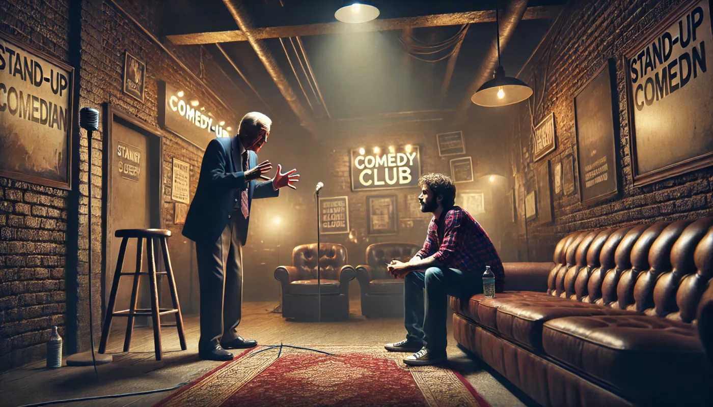 COMEDY WRITER - A wide backstage scene of a young stand-up comedian being coached by an older, seasoned comedian. The setting is gritty and authentic — a dimly lit co... - spintaxi.com