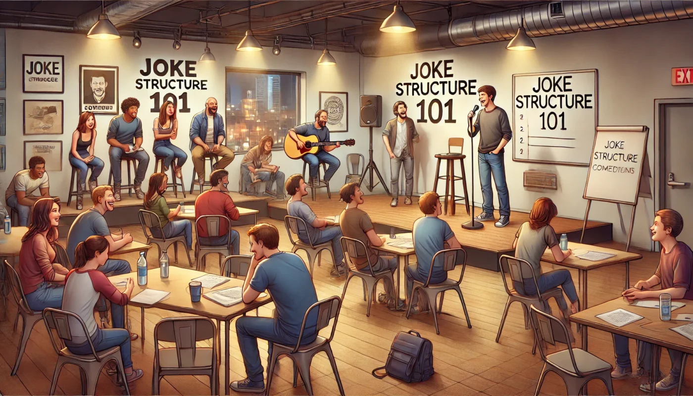 COMEDY WRITER - A wide classroom scene showing aspiring stand-up comedians practicing their routines on a small stage in front of an instructor. The room has a casual... - spintaxi.com
