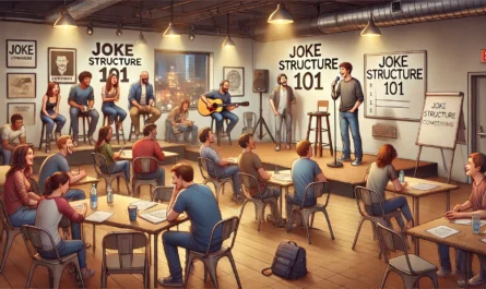 COMEDY WRITER - A wide classroom scene showing aspiring stand-up comedians practicing their routines on a small stage in front of an instructor. The room has a casual... - spintaxi.com