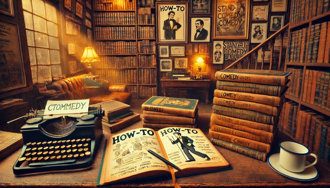 COMEDY WRITER - A wide, nostalgic scene of a cozy vintage bookstore or personal study filled with old comedy 'how-to' books stacked on a wooden desk. An open book sho... - spintaxi.com