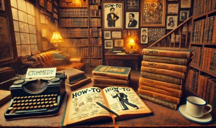 COMEDY WRITER - A wide, nostalgic scene of a cozy vintage bookstore or personal study filled with old comedy 'how-to' books stacked on a wooden desk. An open book sho... - spintaxi.com