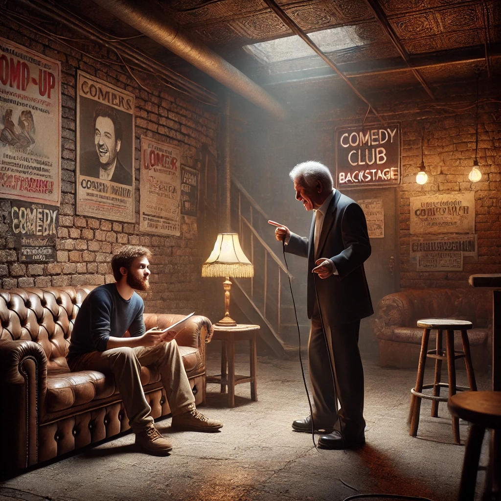 COMEDY WRITER - An atmospheric backstage scene of a young stand-up comedian being coached by an older, seasoned comedian. The setting is gritty and authentic — a diml... - spintaxi.com