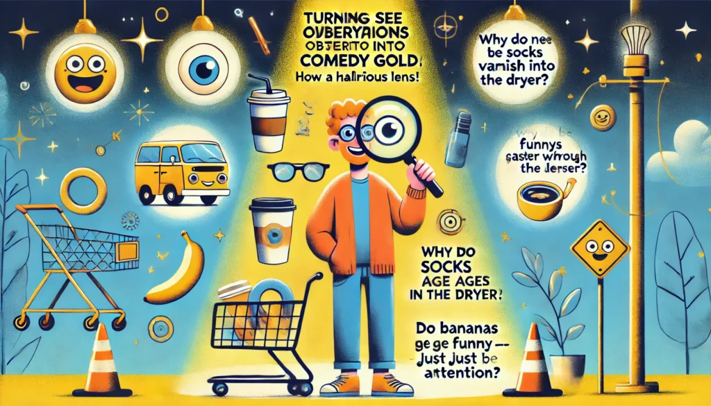 A bright and witty digital illustration titled 'Turning Everyday Observations into Comedy Gold How to See the Ordinary Through a Hilarious Lens'. The A bright and witty digital illustration titled 'Turning Everyday Observations into Comedy Gold How to See the Ordinary Through a Hilarious Lens'. The