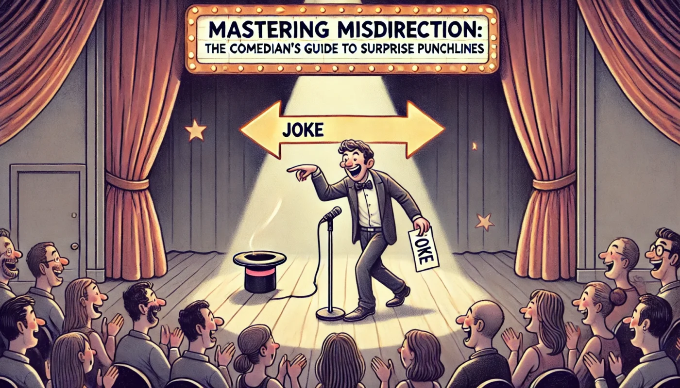 A clever and theatrical digital illustration titled 'Mastering Misdirection The Comedian’s Guide to Surprise Punchlines'. The scene shows a stand-up